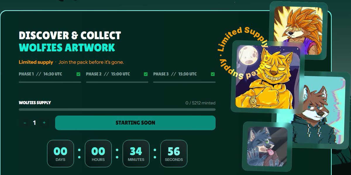 Only few minutes left until it begins...!

<a href="/wolfswapwolfies/">Wolfies</a> mint starting soon

One of the only mints I'll take part at, as I know <a href="/wolfswapdotapp/">Wolfswap | Swap & Earn</a> is cooking when they do stuff!

Grab yours at wolfswap.app/wolfies
