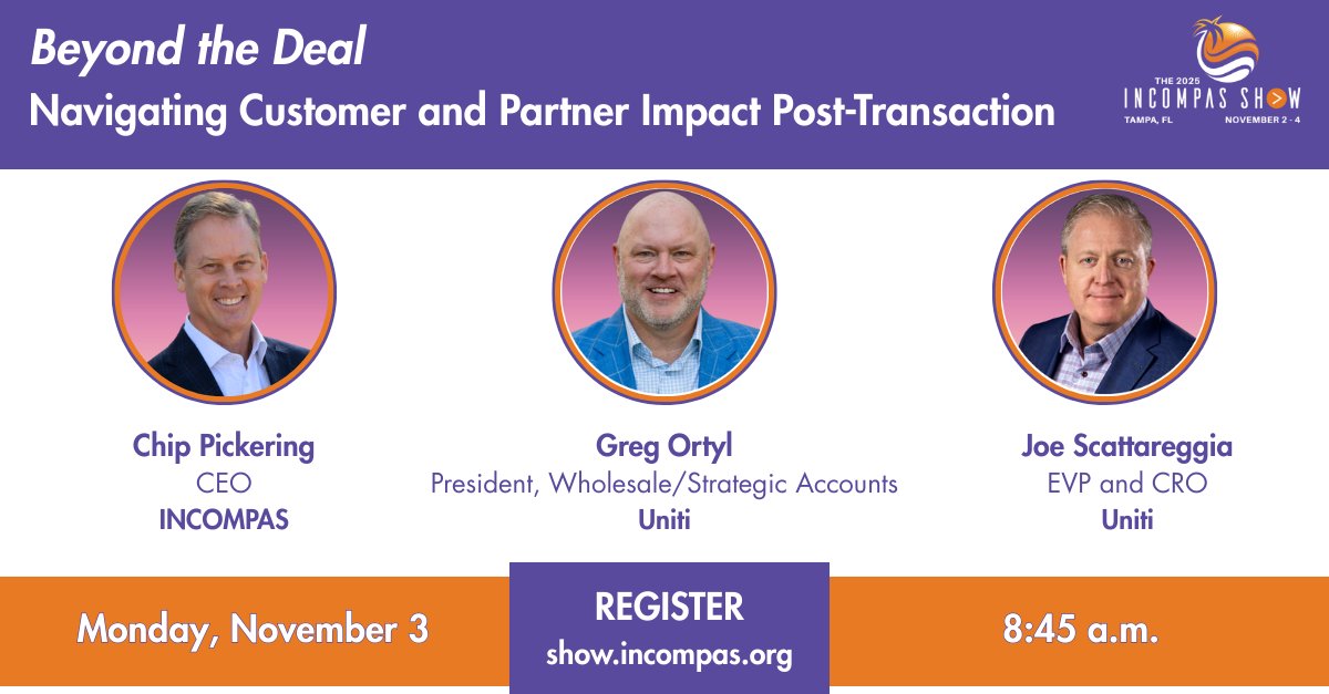 INCOMPAS's tweet image. What happens after the ink dries? Join Greg Ortyl and Joe Scattareggia of @UnitiGroupInc at The 2025 @INCOMPAS Show as they unpack the real-world impact of M&A activity on customers and partners.
Monday, Nov. 3 | 8:45 a.m. | Beyond the Deal: Navigating Customer and Partner…
