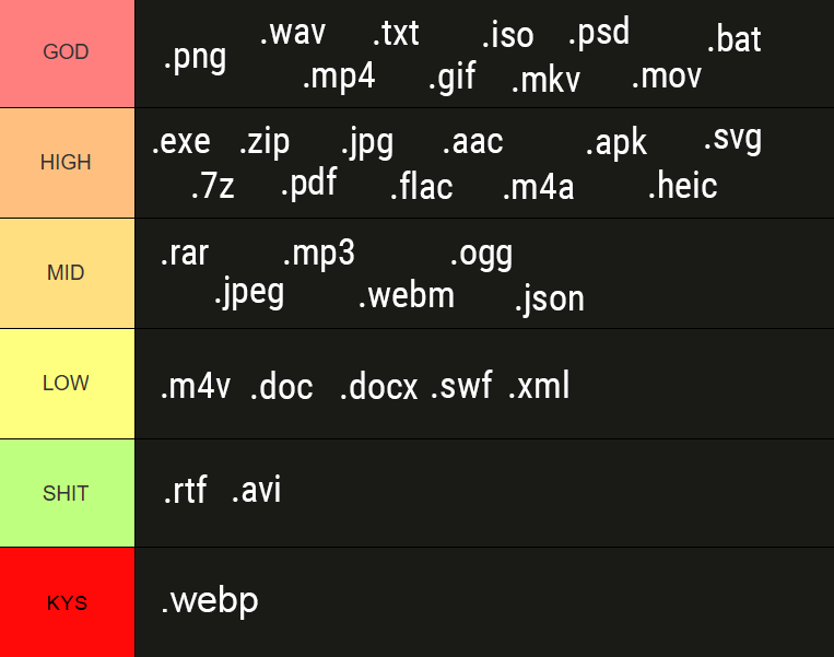 oranjiyo_'s tweet photo. This is how "I" rank "my" common file formats. https://t.co/daRscQyAan