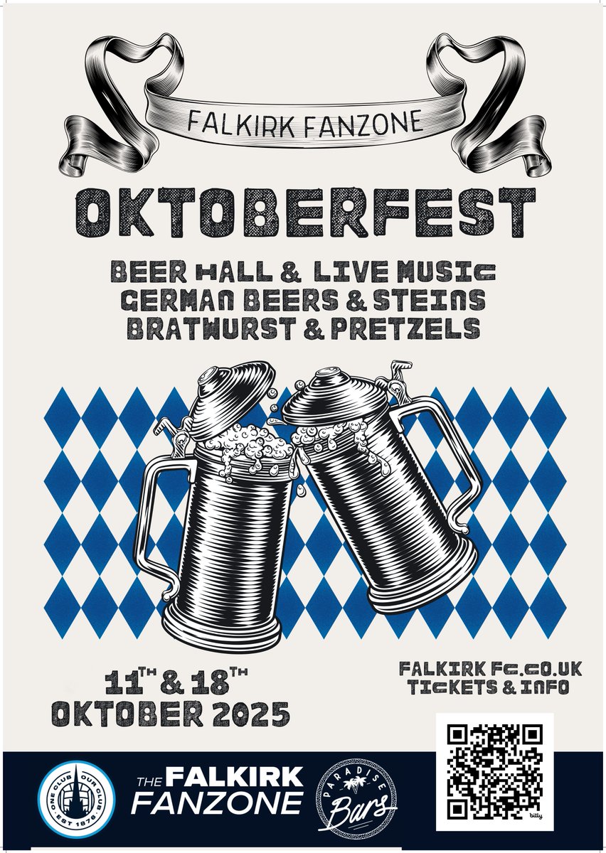 FalkirkFC's tweet image. Wer ist bereit für das wochenende? 🤔

There&apos;s no game, but...

🍻 OKTOBERFEST COMES TO FALKIRK! 🍻

There&apos;s not long left to secure your ticket for:

🍺 German beers on tap.
🌭 Bratwurst.
🥨 Pretzels.
🎺 Live music.

Tickets here 👉 ticket.falkirkfc.co.uk/packages/LZEmO…