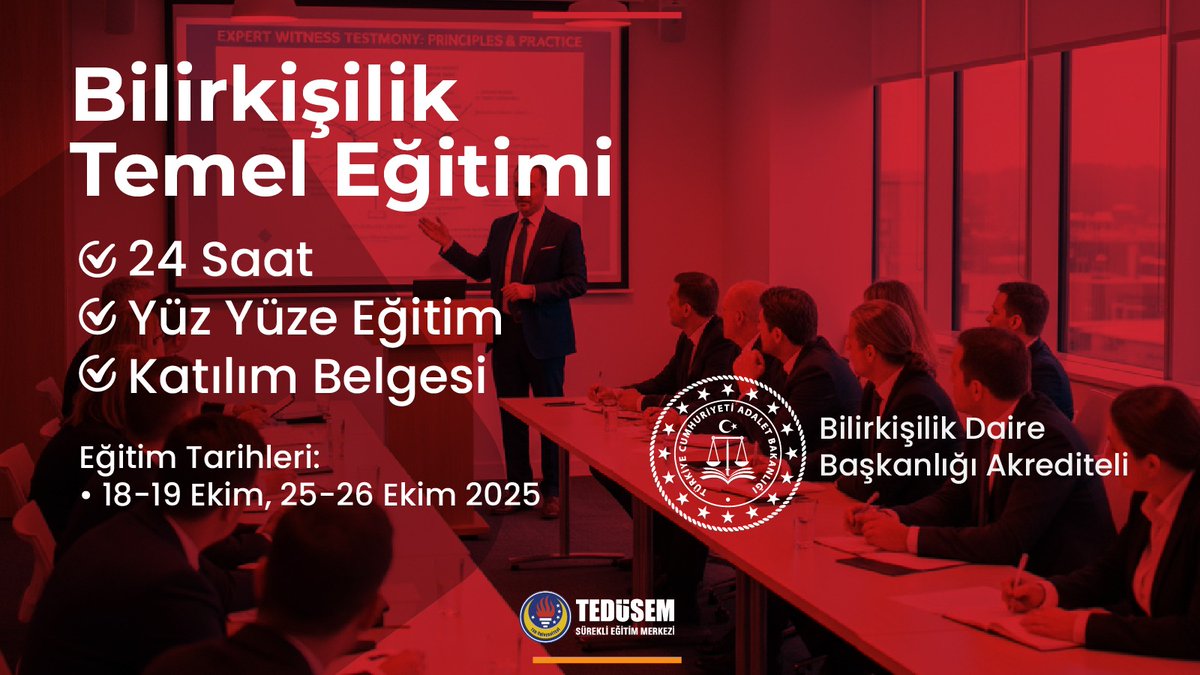 Adalet Bakanlığı, Bilirkişilik Daire Başkanlığı akrediteli Bilirkişilik Temel Eğitimimizin Ekim ayı kayıtları devam ediyor. 
Kayıt ve ayrıntılı bilgi için:
sem.tedu.edu.tr
0 (538) 035 88 71