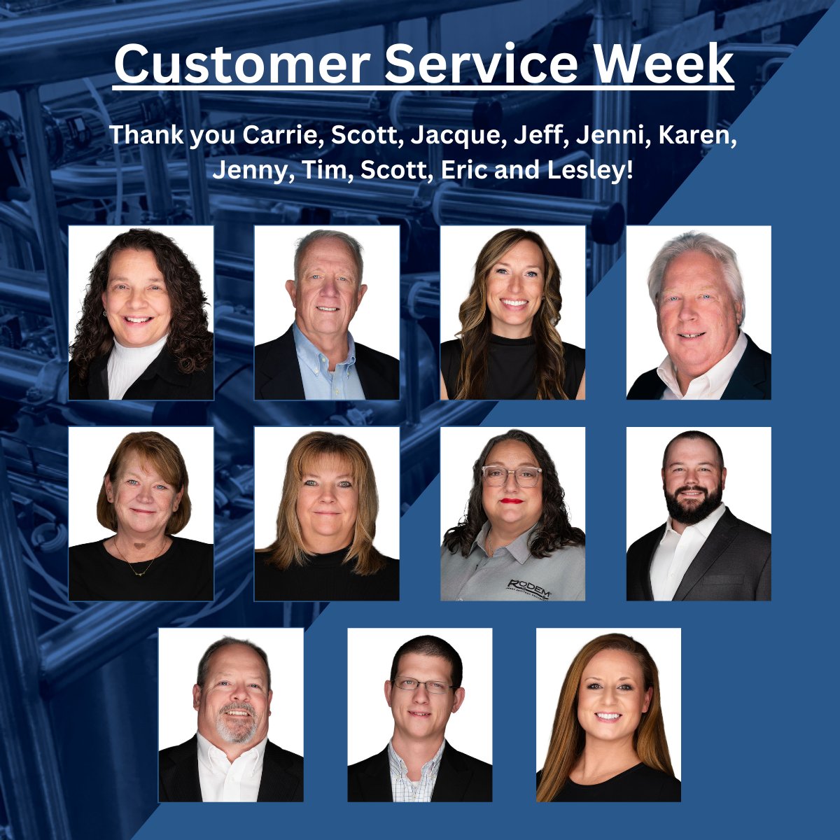 RodemProcess's tweet image. Happy Customer Service Week to our team! They go above and beyond to help our customers every day. Rodem wouldn&apos;t be what it is without this group of people. Thank you for all you do! 🌟  #Rodem #CustomerServiceWeek #SanitaryProcessing

Meet our Team: rodem.com/about/people/s…