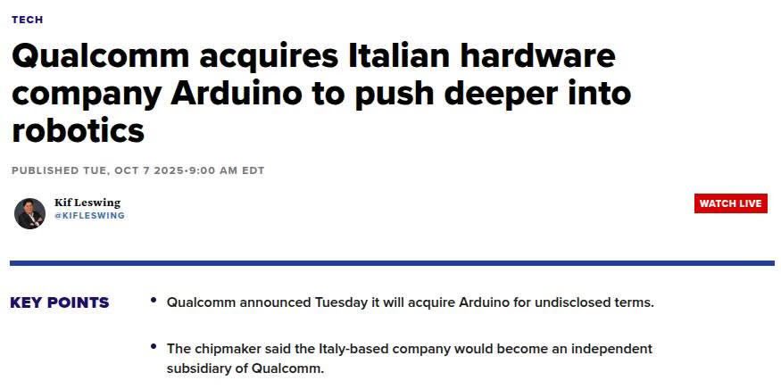 nixcraft's tweet image. Qualcomm has acquired the open source hardware and software company Arduino as a strategic move to boost its presence in edge computing and diversify beyond the mobile phone market.