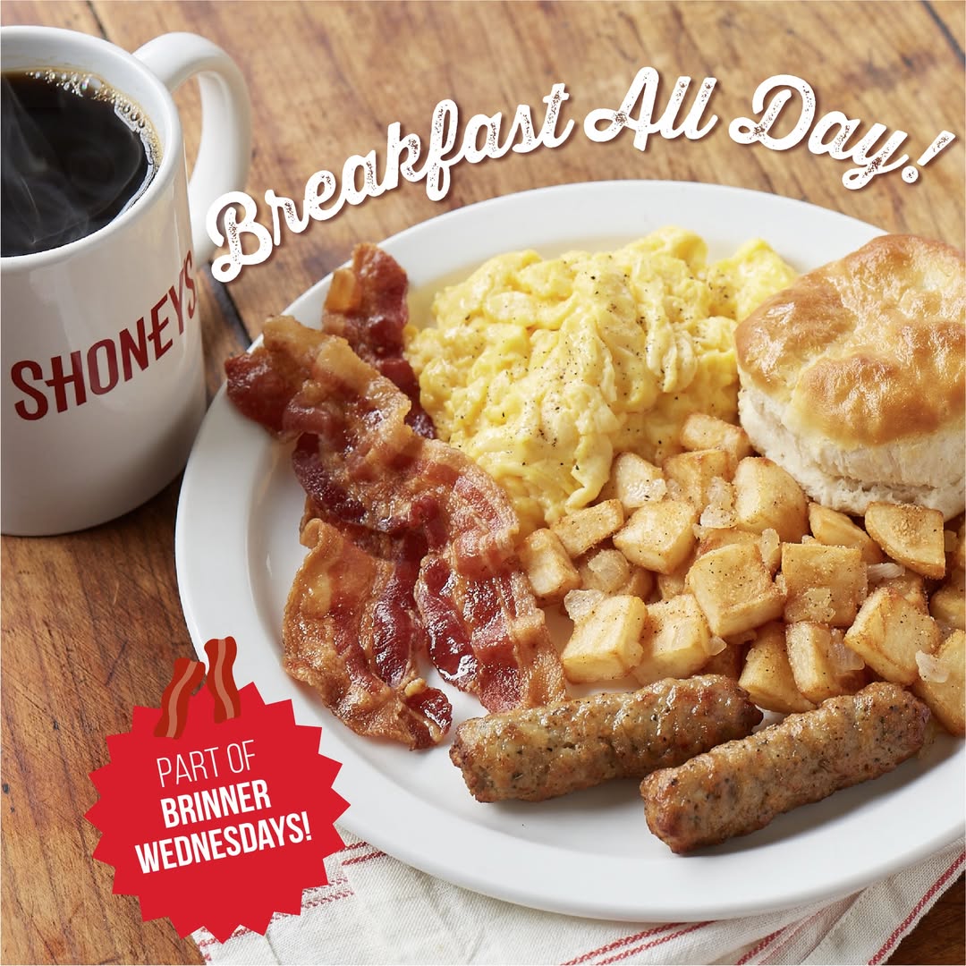 Shoneys's tweet image. Who doesn’t love a plate full of sweet &amp;amp; savory, All-You-Care-to-Eat deliciousness? Stop into Shoney’s for Brinner every Wednesday – all your breakfast favorites available all day long at our Fresh Food Bar. Check out a new Theme Meal every day at Shoney’s!​

#Brinner #Shoneys