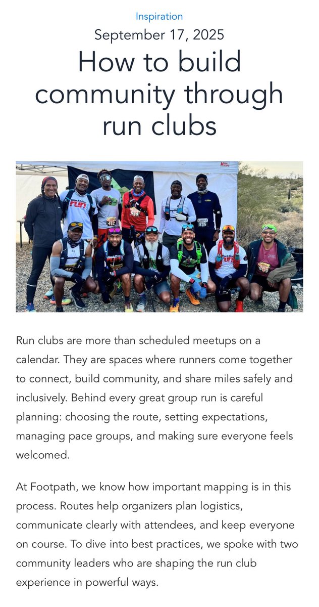 Footpath caught up with community leaders Rachel Bambrick of Women in Ultrarunning and Jay Tinsley of Black Men Run to learn how they make group runs welcoming, fun, and supportive for everyone.

Read the article on the Footpath blog!
👉 footpathapp.com/blog/build-com…