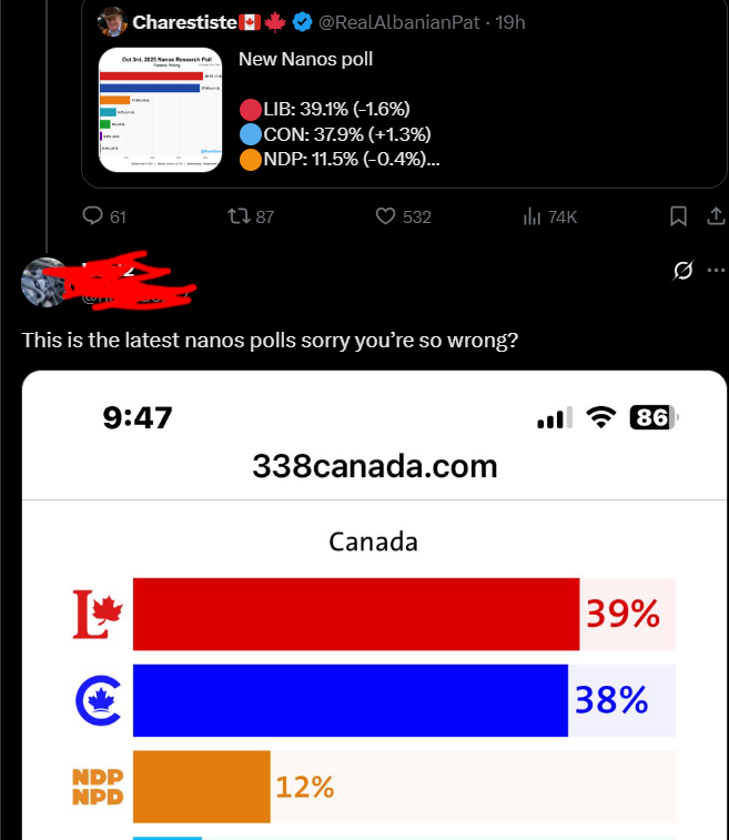 These are the people I have to deal with every day. Calling the Nanos poll I put out "wrong" despite the EXACT SAME POLL is literally in my quoted tweet