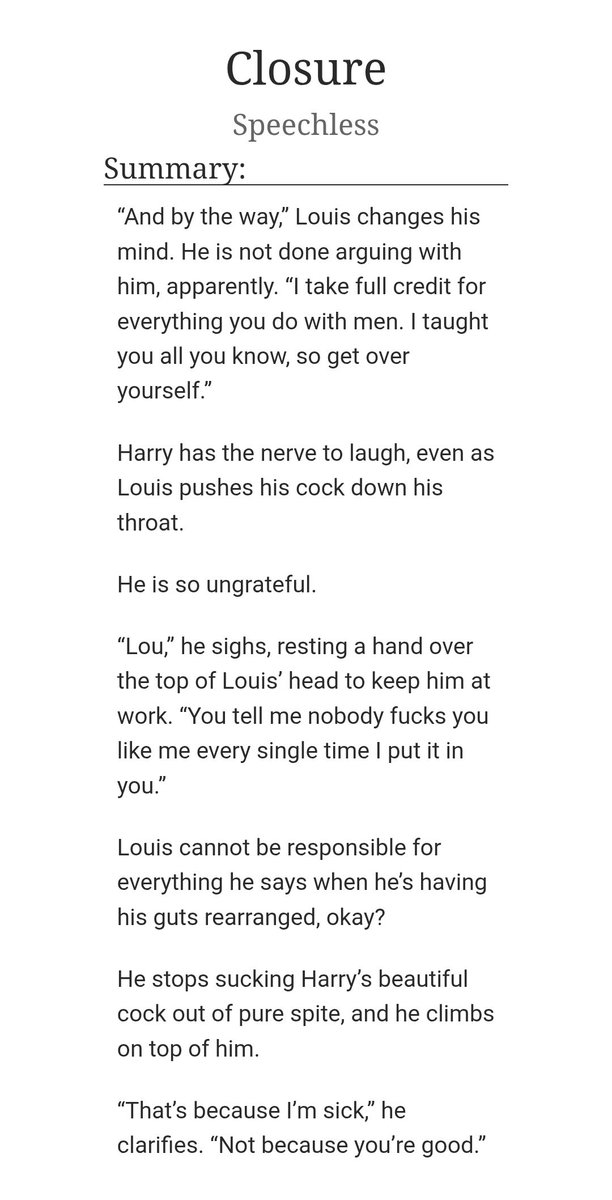 0__Speechless's tweet photo. 𝐂𝐥𝐨𝐬𝐮𝐫𝐞 (15k) | by Speechless

~ Written for @BLFicFest 

Prompt 75: Harry and Louis are friends with benefits and Harry accidentally says “I love you” during sex, making everything complicated.

https://t.co/PERArZCP1h

Hope you enjoy 🌷 https://t.co/mOahMpM3mp