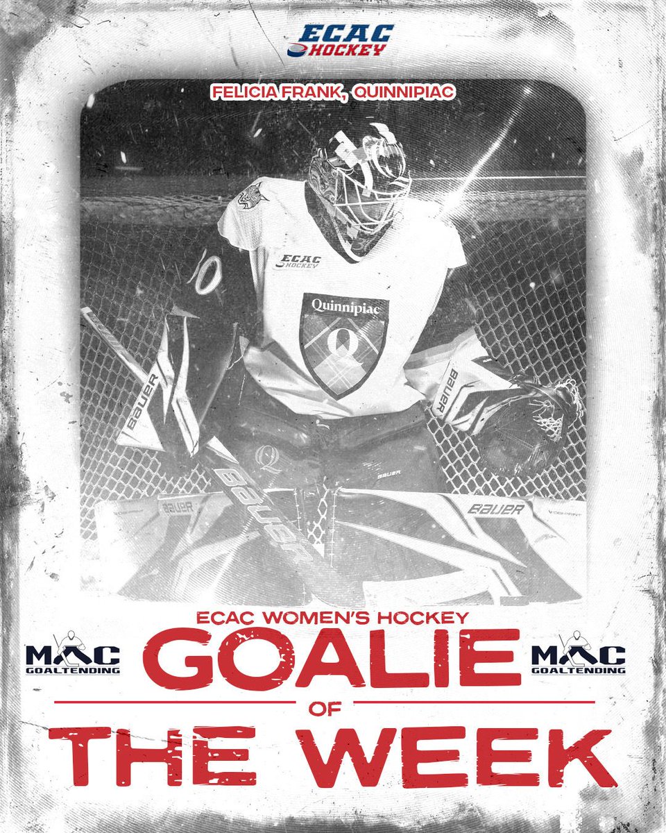 <a href="/bluebirdhotels/">Bluebird Hotels</a> <a href="/QU_WIH/">Quinnipiac Women's Ice Hockey</a> <a href="/UnionWHockey/">Union Women's Hockey</a> .@macgoaltending Goalie of the Week Felicia Frank (<a href="/QU_WIH/">Quinnipiac Women's Ice Hockey</a>) went 2-0-0 on the weekend with a .951 save percentage, 1.00 goals against, had 39 saves, and a shutout in Quinnipiac's sweep.