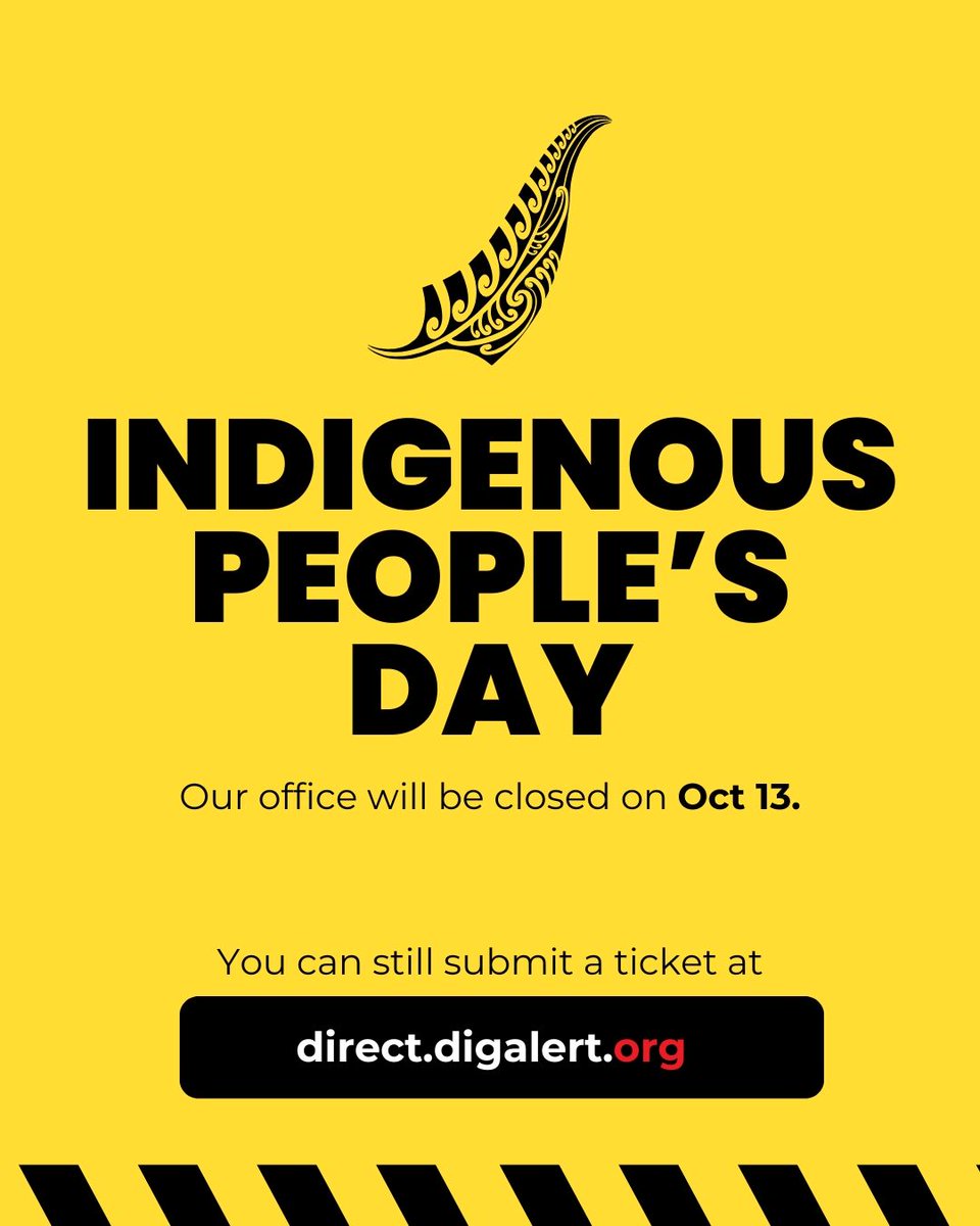 DigAlert's tweet image. 📣 Heads up! DigAlert will be closed Monday, Oct 13 in observance of Indigenous Peoples’ Day.

You can still get a ticket online at direct.digalert.org.

✅ Submit early to keep your project on track!

#DigAlert #IndigenousPeoplesDay #SafeDigging