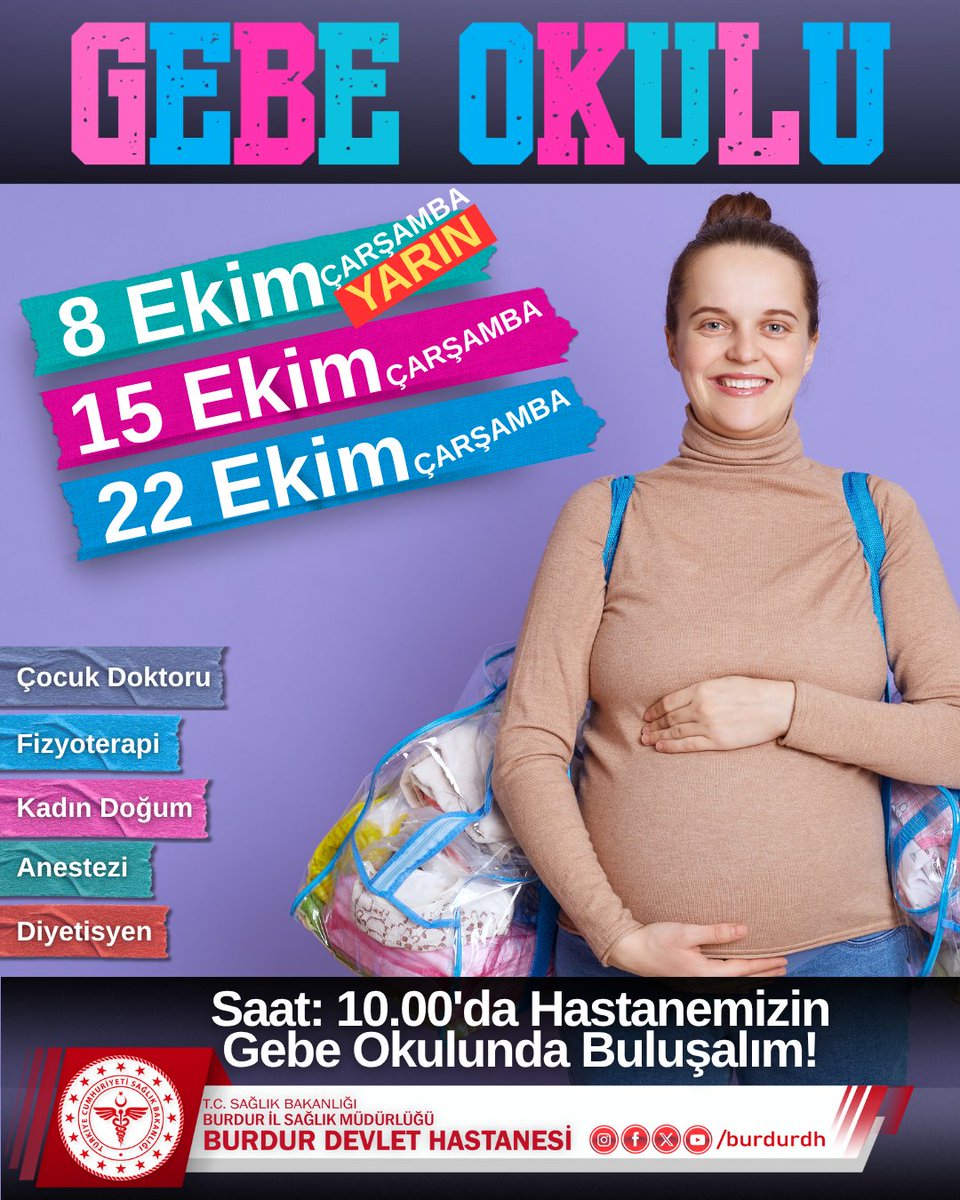 Hastanemizin Gebe Okulunda Uzman Doktorlarımız Eşliğinde Eğitimlerimiz Devam Ediyor. 8 Ekim Çarşamba Kadın Doğum ve Fizyoterapi, 15 Ekim Çarşamba Diyetisyen ve Anestezi, 22 Ekim Çarşamba Çocuk Doktoru. Bilgili ve Bilinçli  Bir Doğum Süreci İçin Gebe Okulumuza Bekleriz.