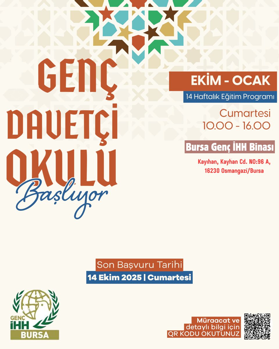 bursagencihh's tweet photo. 📢 Genç Davetçi Okulu Başlıyor!

Üniversiteli gençlerin fikrî ve ahlâkî gelişimlerini destekleyerek, davet çalışmalarında görev alabilecek bilinçli ve donanımlı bireyler yetiştirmeyi hedefleyen Genç Davetçi
Okulu, Ekim ayında başlıyor! 🍀

Programımız erkeklere yöneliktir. https://t.co/DoXbbZ1rUS