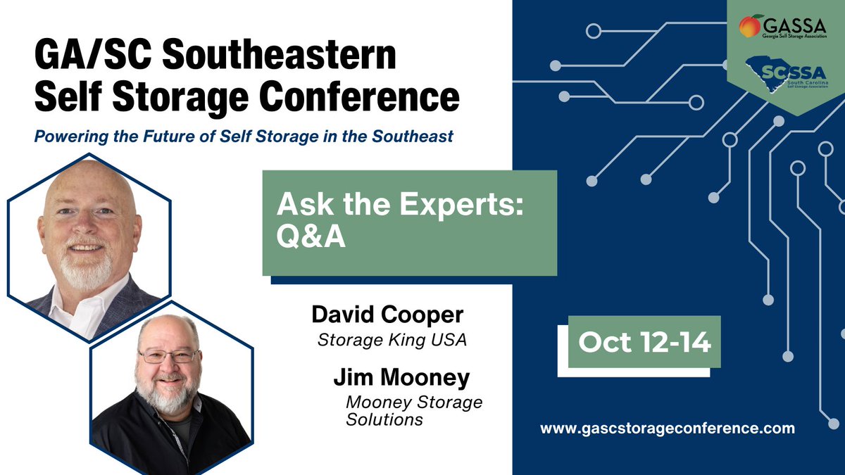GASelfStorage's tweet photo. Thanks to David Cooper and Jim Mooney for speaking at this year’s conference! Bring your burning self-storage questions to their Expert Q&amp;A session. Register at https://t.co/w4Znm2G5Ng. #gascselfstorageconference #gassa #scssa #selfstorageeducation https://t.co/LrOXxnjqec
