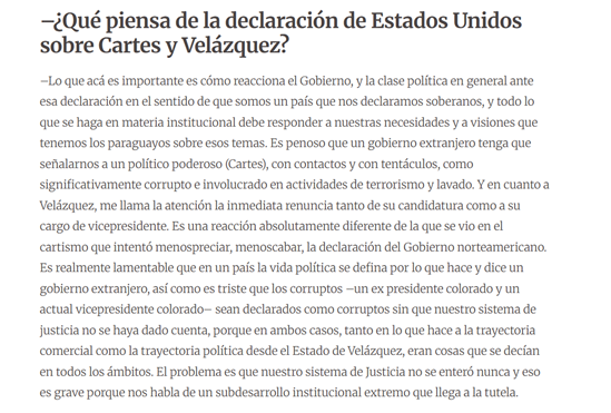 JorgeRolonLuna's tweet photo. Así como en algún momento EEUU ofrecía una recompensa de 10 millones de US$ por el entonces "terrorista" Ahmed Husseín al-Sharaa ​(nombre de guerra Abu Mohamed al-Golani) y hoy es recibido con honores en New York y hasta es entrevistado por alguien que lo enfrentó en el campo de batalla como el ex director de la CIA, David Petraeus, las sanciones a Horacio Cartes -hoy levantadas en parte- no son otra cosa que juego geopolítico de la primera potencia mundial. Algunos nunca ni festejamos ni celebramos ni vivimos "esperando" sanciones más severas contra nuestro ex presidente, como sí lo hizo mucha gente dentro de la oposición y del coloradismo anticartista. Esto, por una simple cuestión de principios: no toleramos las intervenciones extranjeras, las sanciones unilaterales de ningún tipo y creemos que nuestros problemas (uno de ellos es HC) los debemos resolver nosotros los paraguayos. Para esos que defendemos la autodeterminación, ayer fue un día más que no cambia absolutamente nada, la lucha continúa. Sigue vigente la tarea de liberar a nuestro pueblo del sistema que lo oprime, hoy aliado del crimen organizado. Nada más, nada menos.
https://t.co/UjyTjRTZ3J