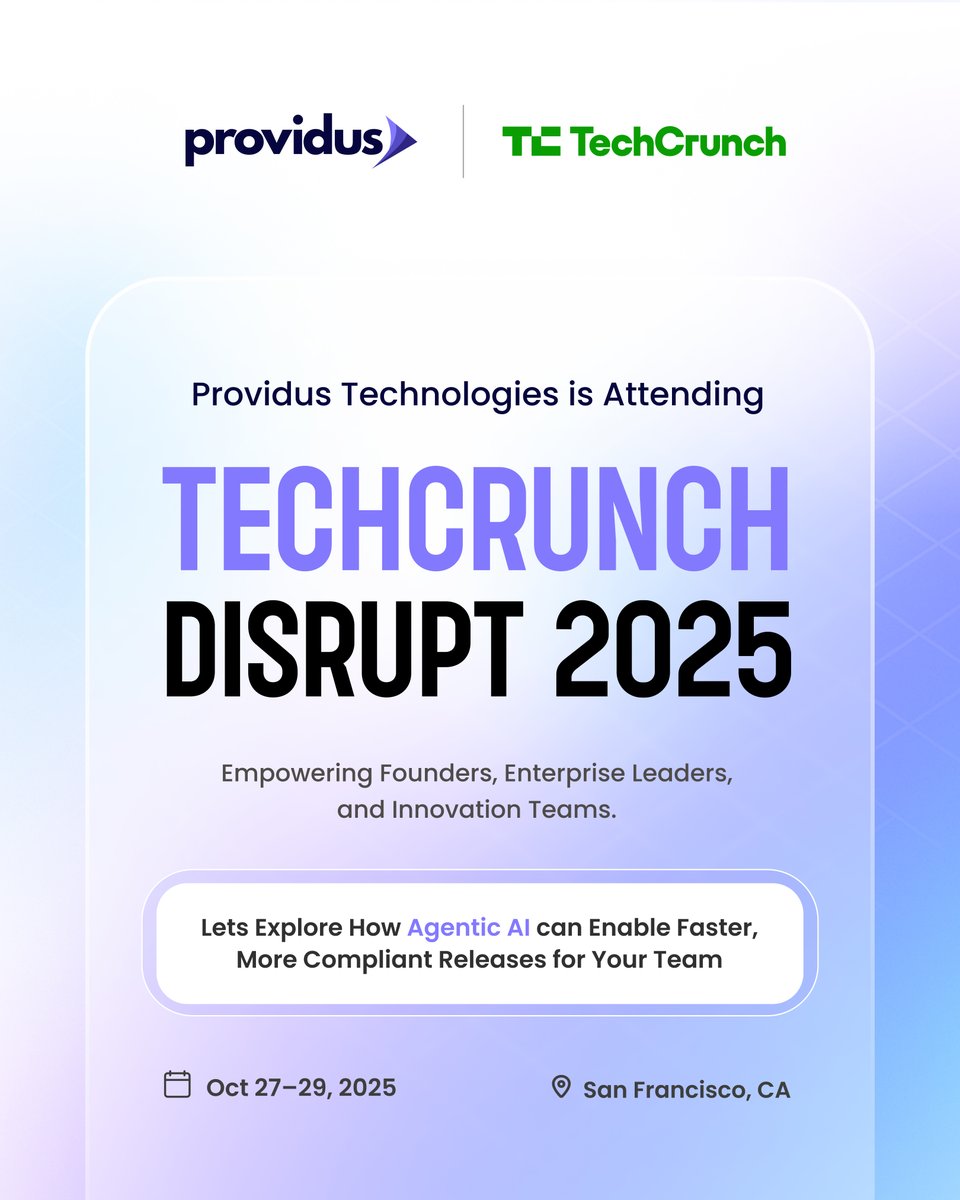 Providustechllc's tweet photo. The future of work is being redefined by agentic AI and Providus is leading the charge at @TechCrunch Disrupt 2025!

We’re helping teams ship faster, stay compliant &amp; scale smarter all through AI agents built for intelligent automation, and ownership.

📍 Oct 27–29 | SF https://t.co/thQXkdldYG