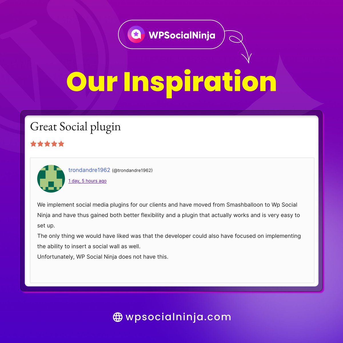 WPSocialNinja's tweet image. At WP Social Ninja, user stories like this keep us moving forward. Knowing that agencies and creators find more flexibility and reliability with our plugin makes every effort worthwhile. Thank you for choosing us and sharing your experience.

#UserReviews #WordPress #Plugins
