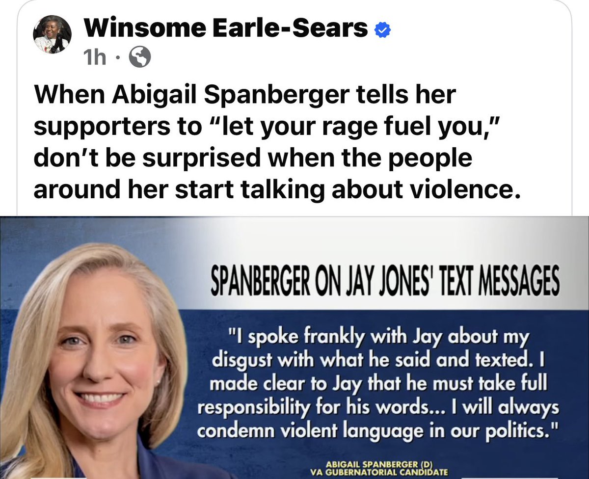 🚨 While Americans face rising political violence—where conservative speakers are being assassinated, candidates are forced to wear bulletproof vests, and law enforcement officers are under attack—Democrat Abigail Spanberger tells Virginians to "Let your rage fuel you!"

Regular