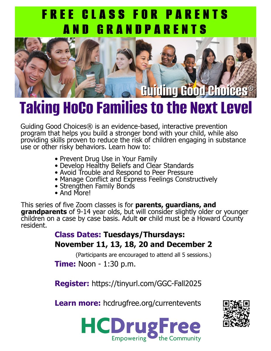 Join our Fall 2025 Guiding Good Choices® classes for free, evidence-based sessions for parents, guardians, and grandparents.

📅 Dates: Nov. 11, 13, 18, 20 &amp; Dec. 2 (Tuesdays &amp; Thursdays)
🕛 Time: Noon–1:30 p.m. on Zoom

More info: buff.ly/X4D4BO7