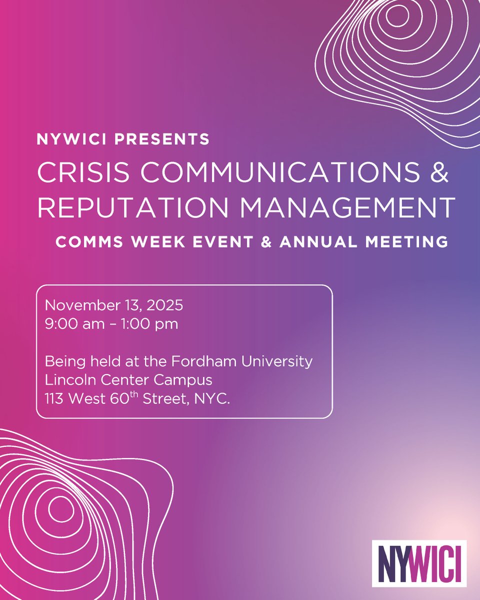 NYWICI's tweet image. On November 13, join NYWICI for Crisis Communications &amp;amp; Reputation Management: Leading with Clarity in Uncertain Times.
📍 Fordham University Lincoln Center
🎟️ Member: $25 | Nonmember: $50
Register now: nywici.wildapricot.org/event-6194466

#NYWICI #CrisisManagement #CommsWeek