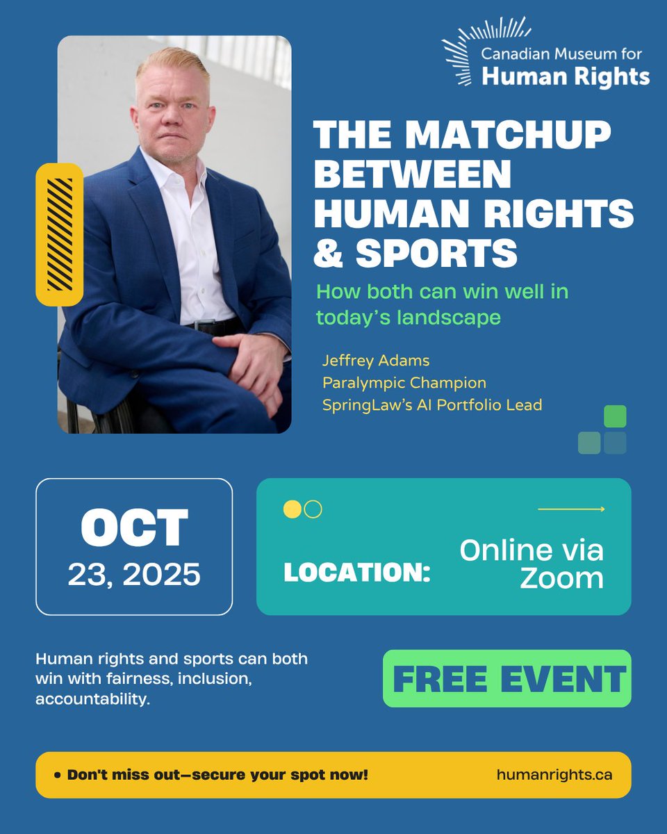 SpringLawFirm's tweet image. ⚖️🏅 Our own Jeffrey Adams, Paralympic champion and SpringLaw lawyer, will join a panel of thought leaders to explore how sport can uphold rights, equity, and inclusion. 

🔗 Register free:
f.mtr.cool/xkybxwmqhs

#HumanRights #EquityAndInclusion #Paralympics #HRleaders