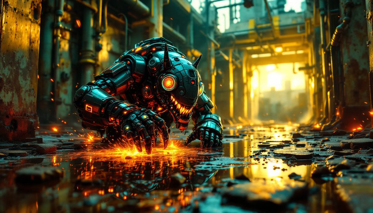 PromptSin's tweet image. This robo is ready to roll—who’s in for a neon-lit chaos? 🤖🔥 #CyberpunkVibes #FuturisticFury