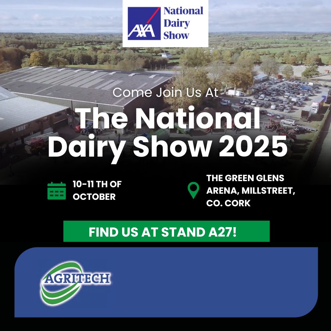 🔊 We're excited to be exhibiting at the National Dairy Show 2025 at the Green Glens Arena, Millstreet, Co. Cork!

Taking place this weekend, we will be here for both days of the event. 🙌

📍Find us on Stand A27, we hope to see you there!

#NationalDairyShow #AgriShows