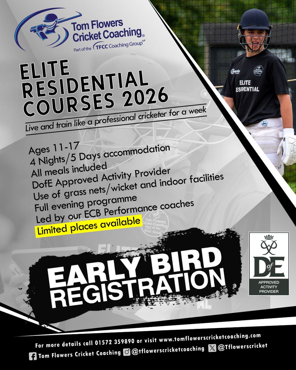 🚨 2026 Elite Residentials 🚨

We’re opening exclusive early bird access on 1st November 2025! 🏏

Register your interest now and be the first to secure your place at the UK’s only <a href="/DofE/">The Duke of Edinburgh’s Award</a>-approved performance cricket residential. 👇

📲: tomflowerscricketcoaching.com/register-inter…

#cricket