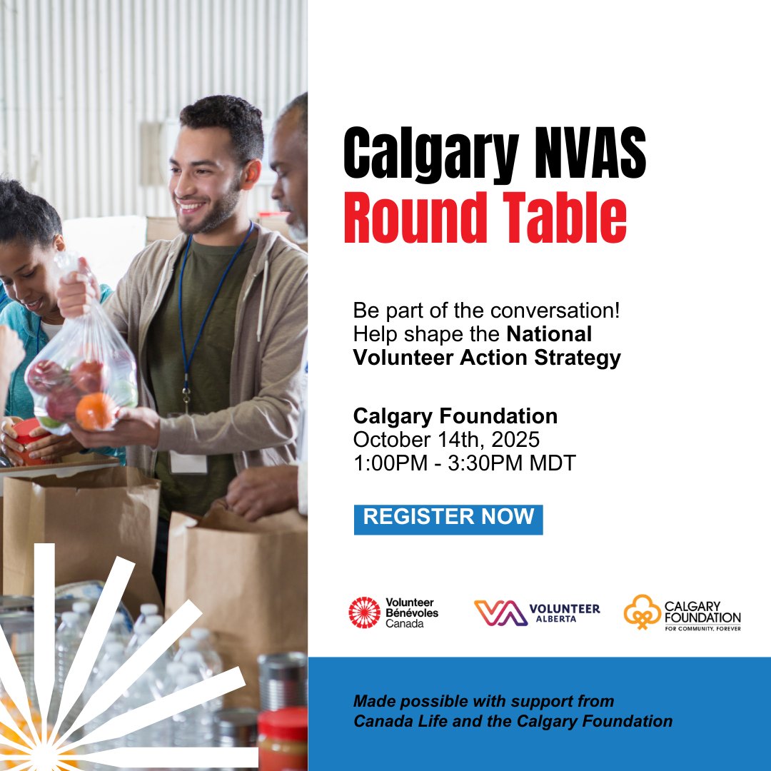 Are you passionate about community impact and volunteerism?

Join us in Calgary for an in-person NVAS Round Table on October 14th to share insights, connect with peers &amp; strengthen volunteerism in Alberta.

🔗 Register today: ow.ly/Unpx50X7w8F

#NVAS #VolunteerImpact