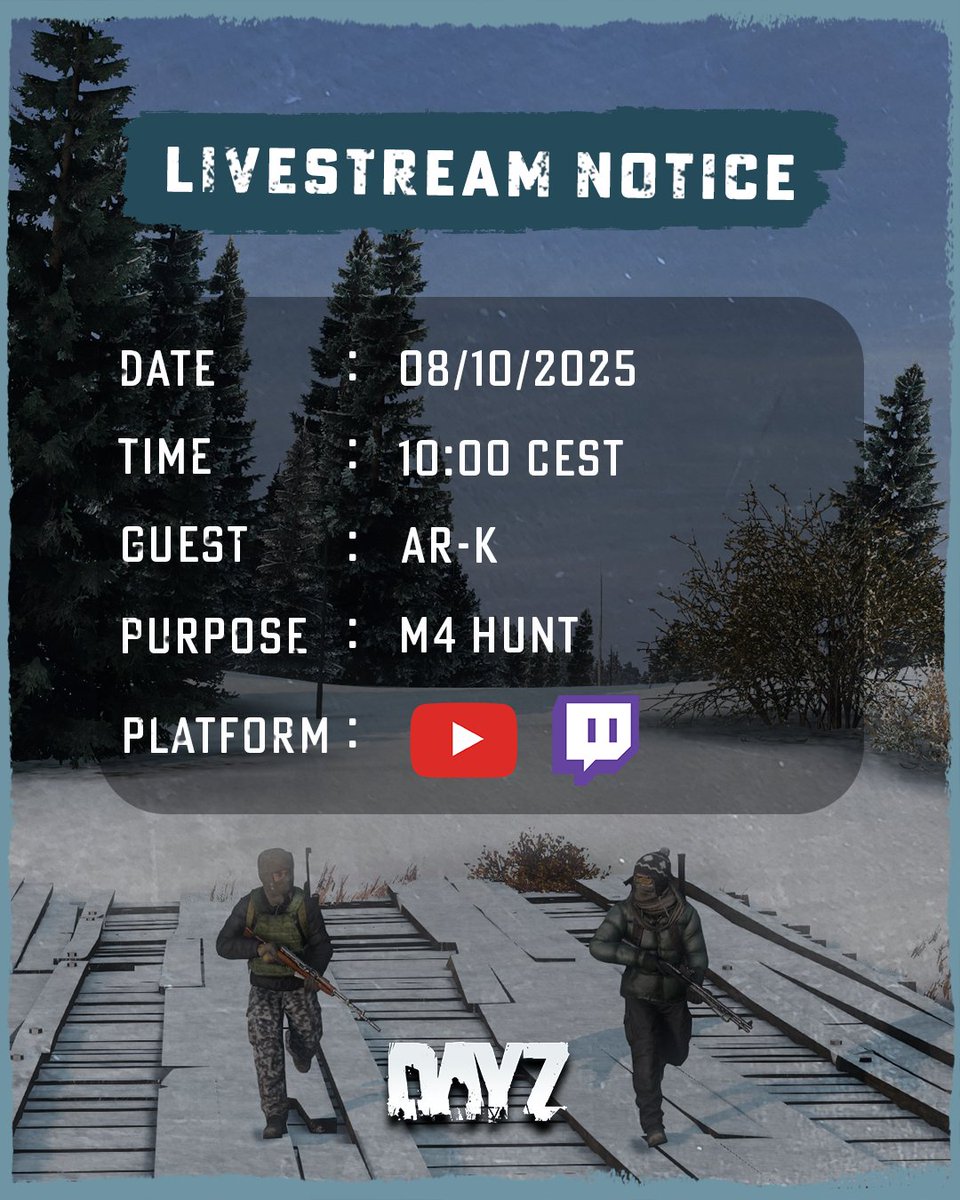 📢Survivors, 
Join us tomorrow for a gameplay livestream!
We will be teaming up with <a href="/ArKDayZ/">Ar-K</a> and searching for M4's on Sakhal.
Stream will start at 10:00 CEST
Watch us on Twitch or YouTube 👇
twitch.tv/dayz + youtube.com/@DayZDevTeam