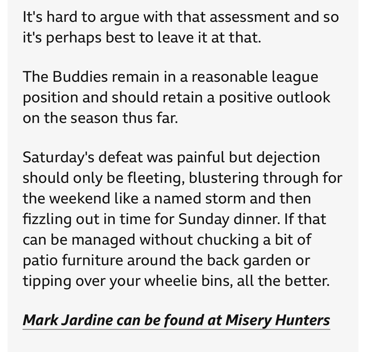 Our <a href="/saintmirrenfc/">St Mirren FC</a> Fan’s Voice column for <a href="/BBCSportScot/">BBC Sport Scotland</a> is now up on the BBC site for this week. 

In this instalment, <a href="/PTFblog/">Part Time Fan 🏴🏳️</a> is a bit gutted but doesn’t lose the very run of himself.