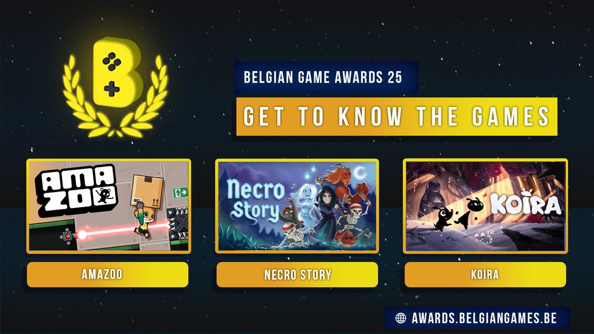 Here are three more games that have submitted for this year's Belgian Game Awards! #BGA25 

🖤AmaZoo by Turbo Soda Games
💛 Necro Story by <a href="/RabloGames/">Pablo Coma - Rablo Games</a> 
 ❤️Koira by <a href="/StudioTolima/">Koira OUT NOW🐶 Studio Tolima</a> 
 
More info on each game: awards.belgiangames.be