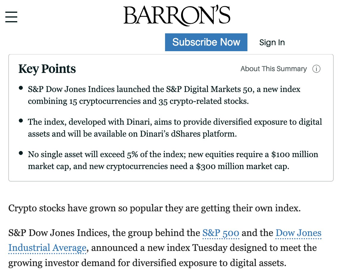 📈 NEW: S&amp;P Dow Jones Indices has launched the S&amp;P Digital Markets 50—its first-ever index combining 15 cryptocurrencies with 35 crypto-linked stocks.

(h/t <a href="/barronsonline/">Barron's</a>)