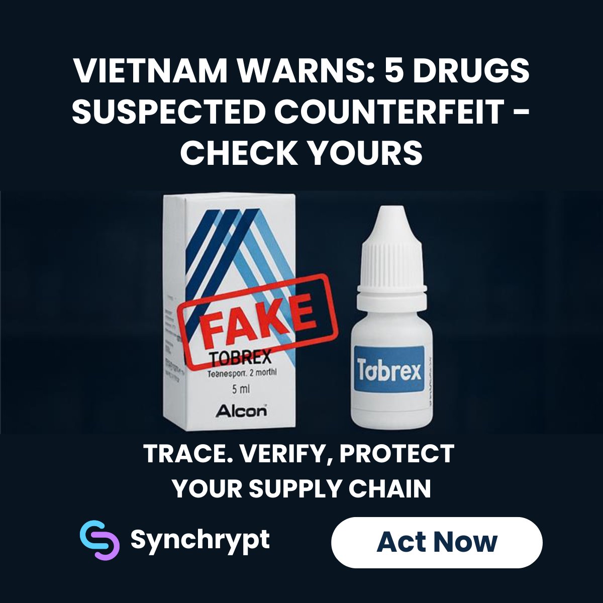 Synchrypt's tweet image. Vietnam’s Ministry of Health issues an urgent warning over five counterfeit drug cases—including fake eye drops and a version of Aclasta with outdated branding. 
Do not buy, use, or distribute these medications.

#CounterfeitAlert #MedicineSafety #HealthWarning #drugintegrity…