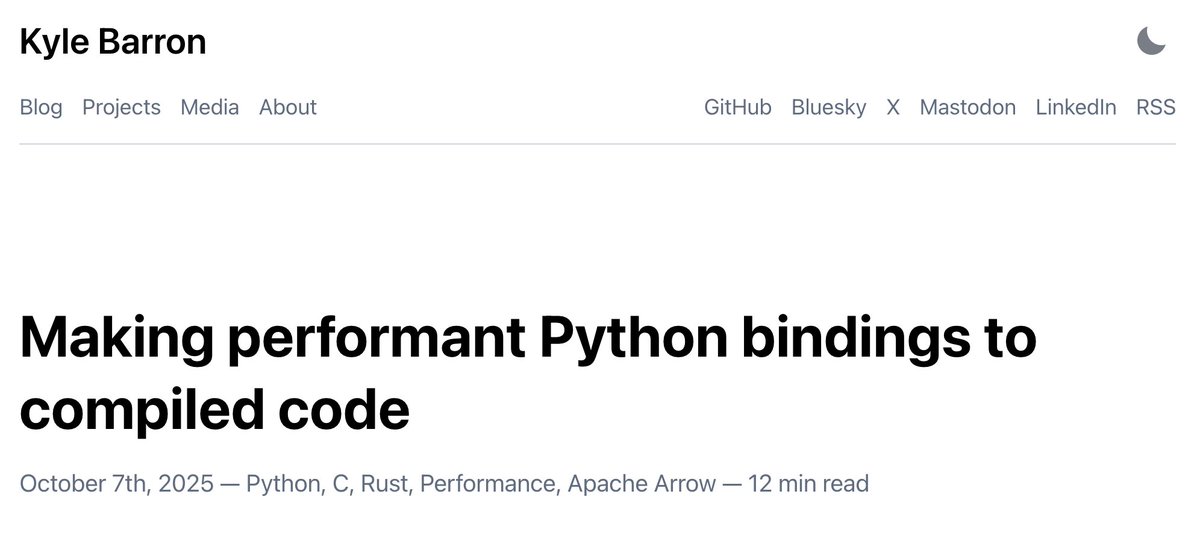 kylebarron2's tweet image. New blog post! kylebarron.dev/blog/fast-pyth…

This dives into performance pitfalls of Python bindings, why projects like Lonboard are so fast, and why I care about Apache Arrow so much. The post is high level and you don&apos;t need to know C/C++/Rust to understand it!