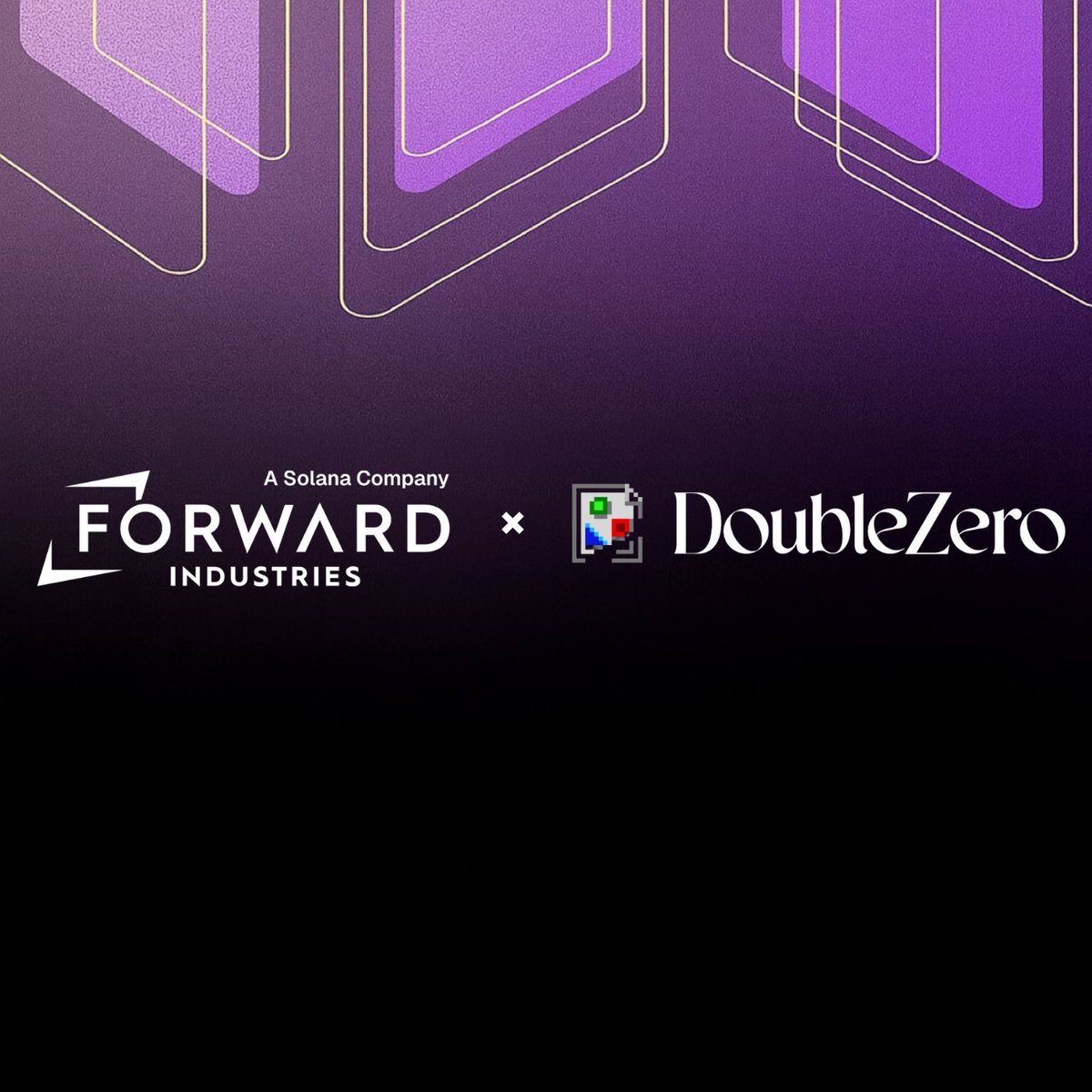 보라색 배경에 로고가 있는 Forward Industries와 DoubleZero 파트너십 그래픽