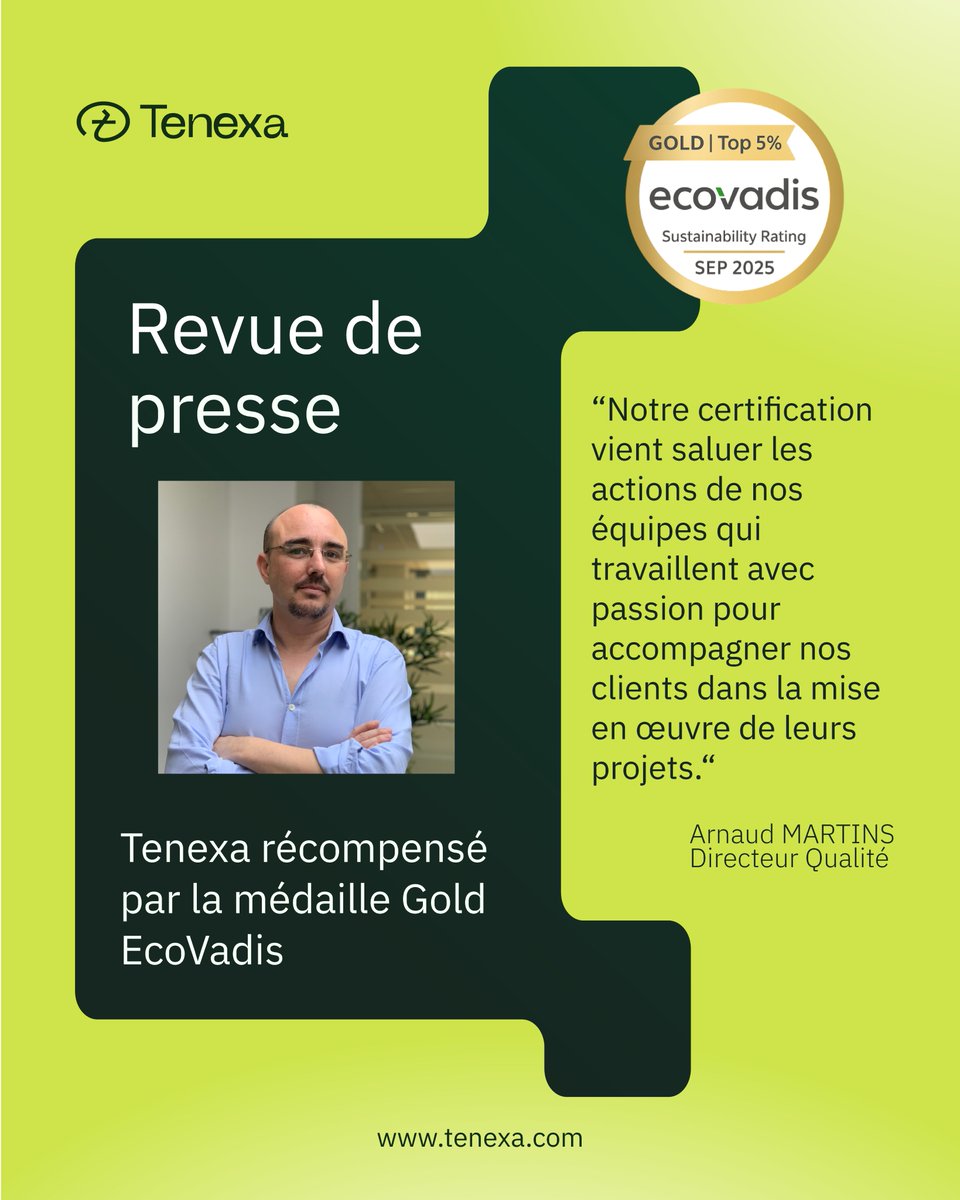 TenexaGroupe's tweet image. REVUE DE PRESSE – Tenexa récompensée par la médaille Gold EcoVadis 🏆

➡️Découvrez l’article complet ici : tenexa.com/tenexa-recompe…

Un grand merci à tous les médias qui ont relayé cette excellente nouvelle🙏