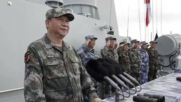 First image shows a man resembling Nicolas Maduro standing formally in a suit with a red sash and medals, next to Venezuelan flags and a portrait of Simon Bolivar in an ornate room. Second image depicts a man resembling Xi Jinping in camouflage uniform holding a cap, standing on a naval ship deck with uniformed officers and equipment under a flag. Third image features a man resembling Vladimir Putin in a black coat and hat, walking with military figures near a white helicopter on a snowy field.