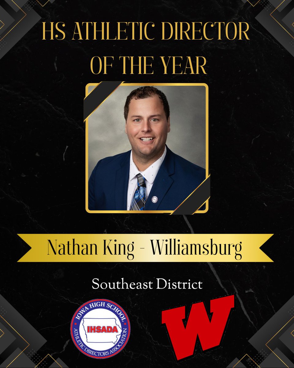 🏆 Congratulations to Nathan King of Williamsburg — the Southeast District High School Athletic Director of the Year! 👏

Thank you for your leadership, dedication, and commitment to student-athletes across Iowa! #IHSADA #Leadership #IowaAD <a href="/WilliamsburgAD/">Nathan King, CAA</a> <a href="/WCSD_Raiders/">WCSD Schools</a>