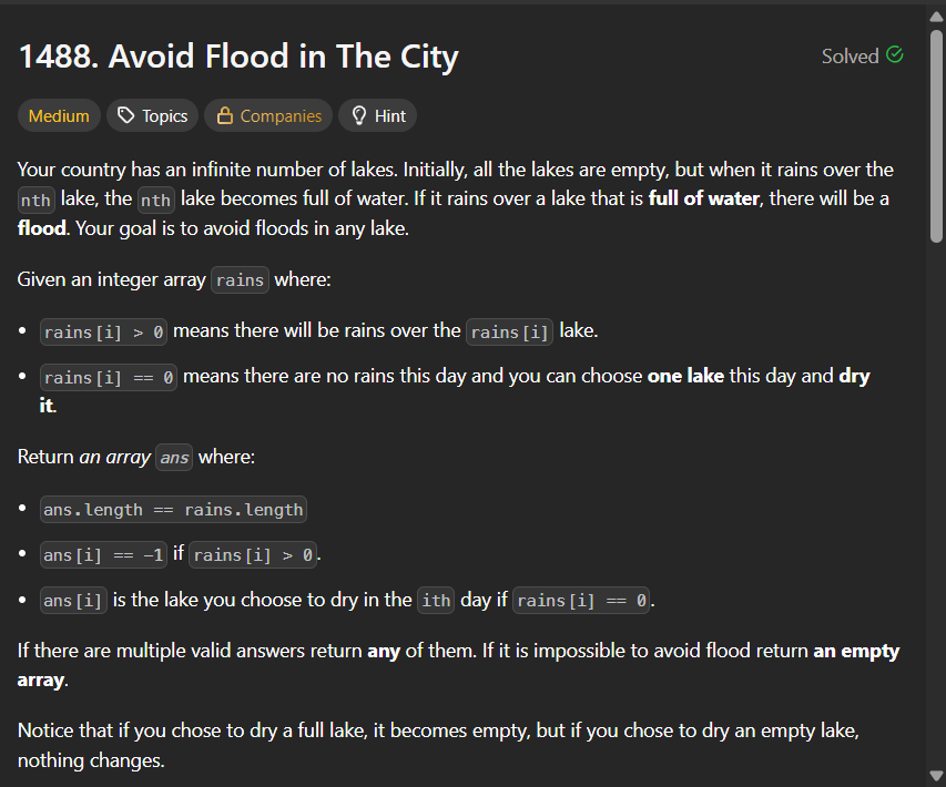 _asyncAwait's tweet image. solved today's LDC by tracking full lakes + dry days. when a lake rains again, pick the earliest dry day after its last rain to empty it. used TreeSet for lookup, but binary search on a sorted dry list works too
#LeetCode #DSA #100DaysOfCode