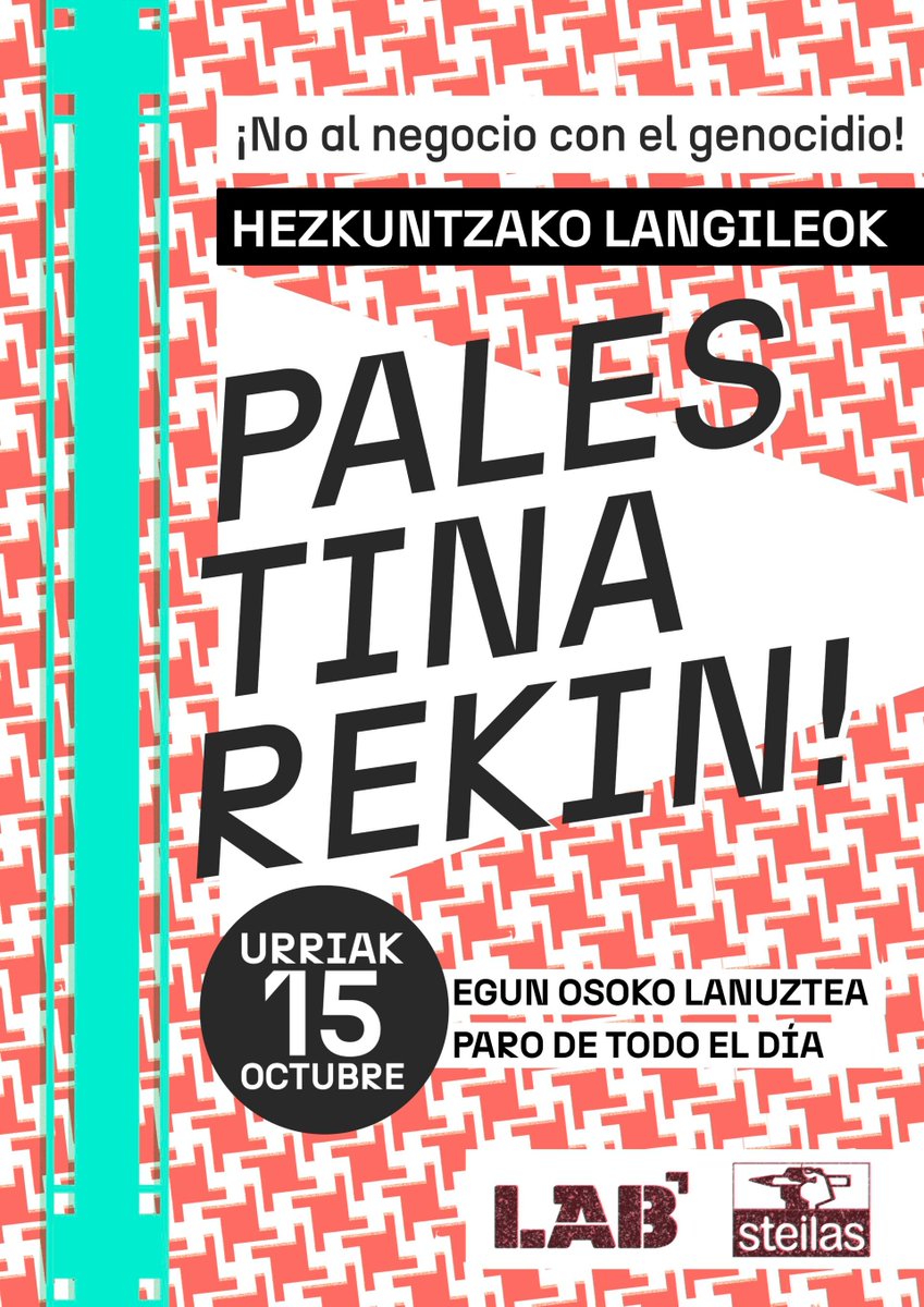 🇵🇸 Urriaren 15erako Palestinarekin elkartasunez deitua dagoen lanuzte orokorra egun osokoa izango da Hego Euskal Herriko hezkuntza sistema osoan

📣 Genozioarekin negoziorik ez! Hezkuntzako langileok Palestinarekin!

🔗 labur.eus/vkfg6tve