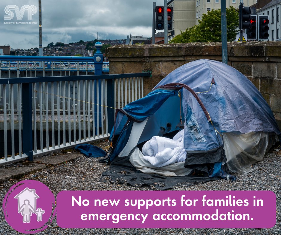 Homelessness continues to rise, yet #Budget2026 offers no new supports for families in emergency accommodation.

SVP had called for access to child support workers for all children - this crucial measure was not included.

#SVP #EndHomelessness #Budget2026