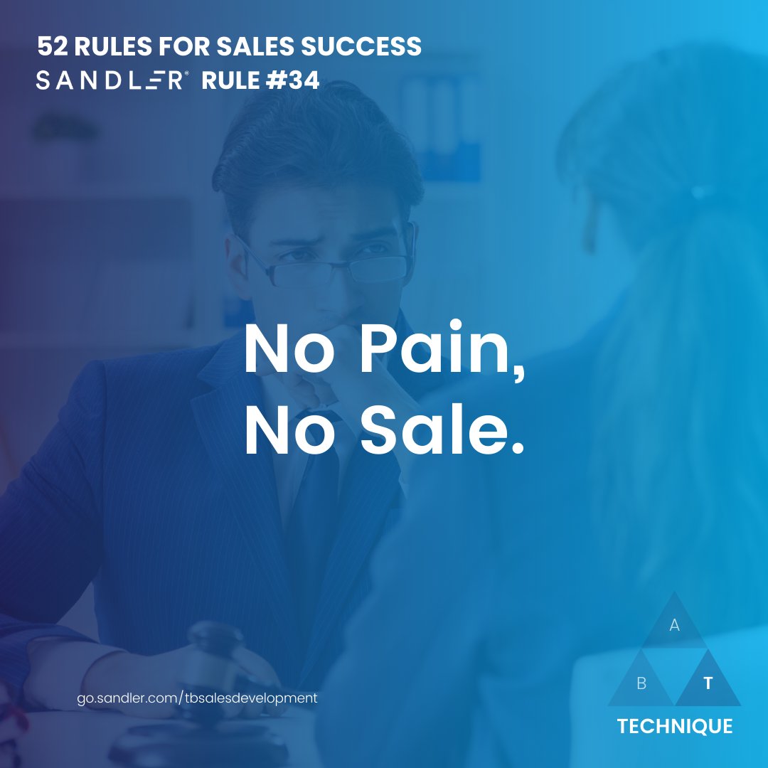 ClintBab's tweet image. If a prospect isn’t feeling pain, they aren’t qualified. No problem worth solving = no reason to buy. Spend time uncovering the real hurt. If there’s no pain, move on—there’s no sale.

#FindThePain #SalesQualification #SandlerTraining