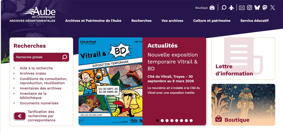 💻Site internet des #Archives de l'#Aube

En raison d'une opération de maintenance, notre site internet est susceptible d'être inaccessible jeudi 9 octobre au matin.

Merci pour votre compréhension