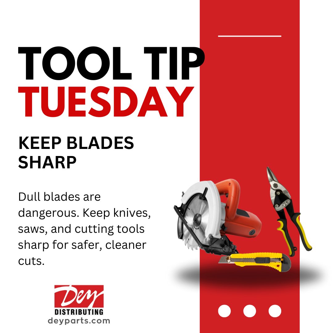 DeyParts's tweet image. 🔪 Tool Tip Tuesday: Dull blades are dangerous. Keep knives, saws, and cutting tools sharp for safer, cleaner cuts.

💡 Extra Tip: Store sharp tools with blade guards for safety.

#ToolTipTuesday #ToolCare #DIYTips #ProTips #DIY #MoreThanParts #DeyParts