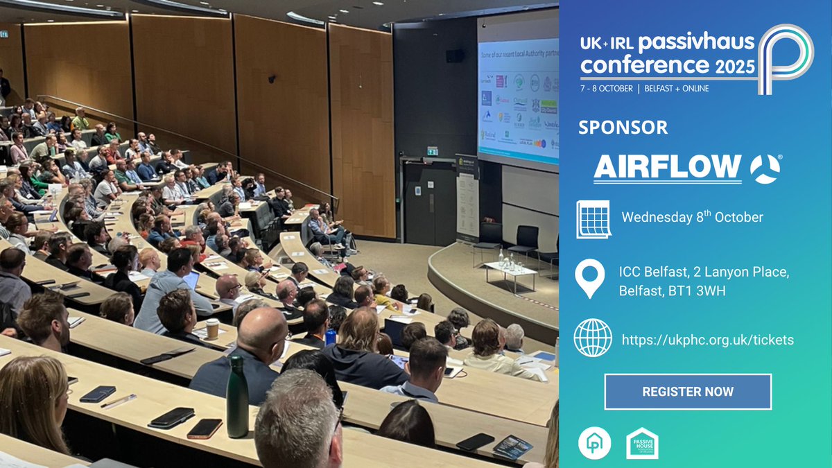 Airflow is thrilled to sponsor the 2025 UK Passivhaus Conference.

Join us tomorrow in person at the ICC Belfast the 8th October or take part from wherever you are online.

Link to get tickets below!
👇 
buff.ly/Dx2pY68

#UKPHC2025 #Passivhaus #Sustainability #Ventilation