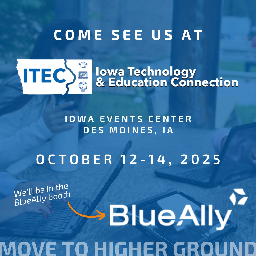 If you’re in the Des Moines, IA area, come check us out next week, October 12–14, at the Iowa Events Center for ITEC 2025!

Higher Ground Rep, Gavin, will be at the BlueAlly booth and available to answer any questions!

#hggear #movetohigherground #edtech #itec2025