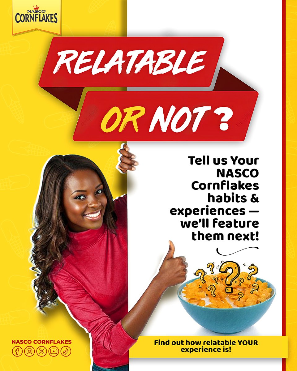 Relatable or Not?

We all have our unique Cornflakes habits — how we prep it, when we eat it, or those funny quirks we can’t shake! 😄

Share your NASCO Cornflakes moments below — yours might be featured in our next “Relatable or Not?” post! 💛 #NascoCornflakes #RelatableOrNot