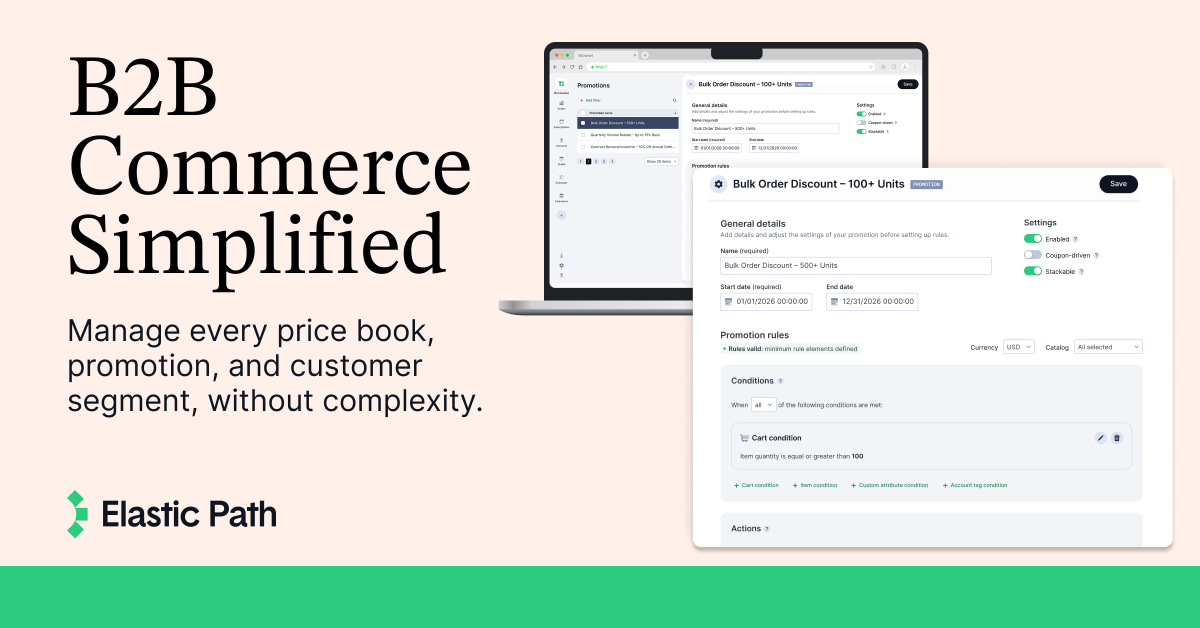 elasticpath's tweet image. Managing multiple price books, custom quotes, and account-specific catalogs can be a hassle. We simplify it with unlimited price books, multi-condition promotions, quoting tools, and dynamic pricing for wholesale or loyalty tiers. Learn more: na3.hubs.ly/y08c2f0