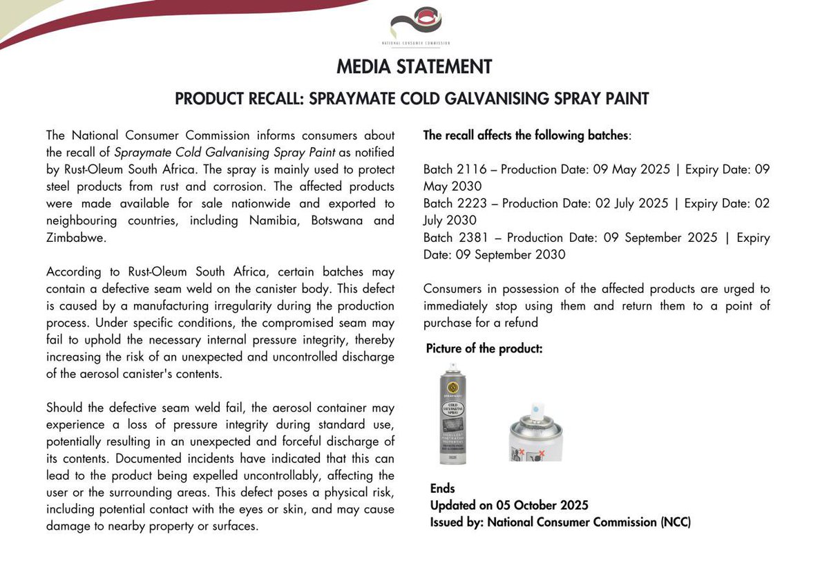 If you have  purchased Spraymate Cold Galvanising Spray Paint, check your batch number, Certain cans may pose a safety risk. Stop using immediately and return for a refund.

<a href="/PhethoN/">Ke Phetho_ZA🇿🇦</a> <a href="/the_dtic/">the dtic</a>