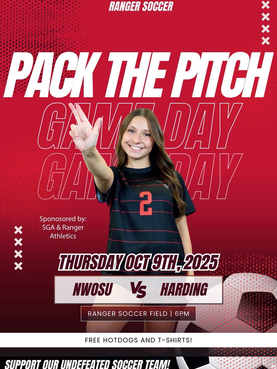 NWOSUAthletics's tweet photo. THIS THURSDAY! Pack the pitch for the match against Harding and support our undefeated Ranger Soccer team!
#RRR https://t.co/d41Ot7W14L