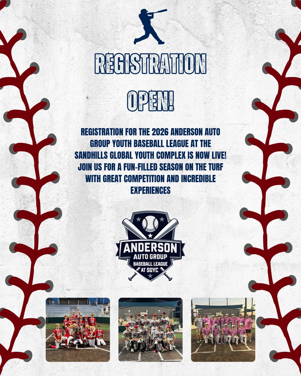 Registration is officially OPEN for the 2026 Anderson Auto Group Youth Baseball League at the Sandhills Global Youth Complex! ⚾Join us for another great season of baseball on the turf!

Register here: …hillsglobalyouthcomplex.sportngin.com/register/form/…